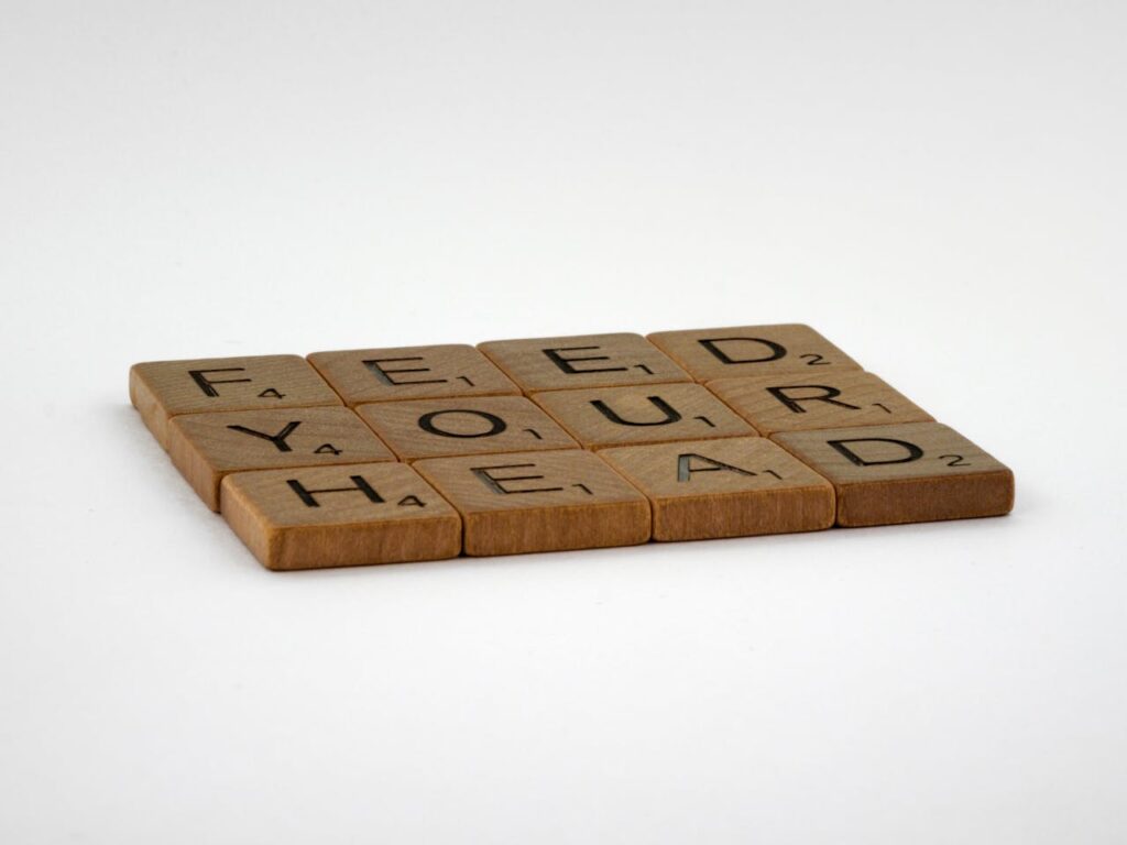 Wooden blocks arranged to spell 'Feed Your Head' on a white background, symbolizing creativity and learning.